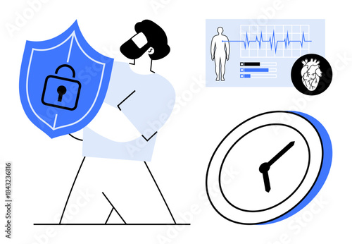 Data protection, digital health, patient monitoring, cybersecurity, health services, time efficiency. Person holding shield icon, heart health stats and clock. Data protection and digital health