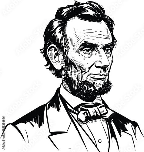 Abraham Lincoln portrait, historical figure illustration, vintage style artwork, American president vector, black and white sketch, iconic leader drawing