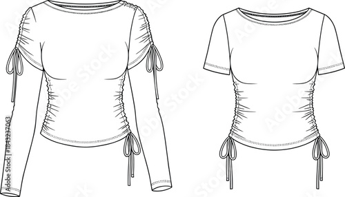 women's ruched long-sleeve and short-sleeve tops with adjustable drawstring details, clothing template vector illustration
