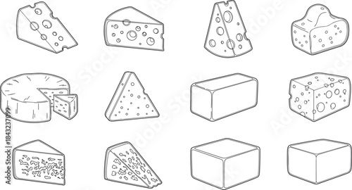 Cheese illustration set, 12 hand-drawn varieties, wedges, blocks, wheels, textured surfaces, flat vector food line art
