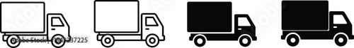 Set of four vector delivery truck icons in outline and silhouette styles for shipping transport and logistics distribution concepts