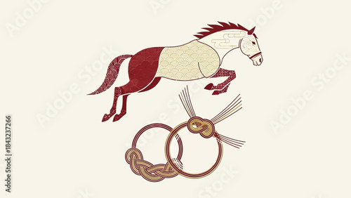 Elegant Horse and Knot Rings: A charming illustrated image showcasing a graceful horse mid-leap above a pair of intricately designed knot rings, with artistic detail.