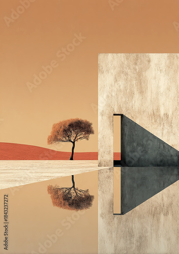 Abstract minimalist japandi image of a landscape with a tree and a pond, neutral earth tones of beige, brown and grey, a single color background and a dynamic composition