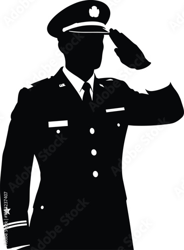 Military officer silhouette saluting in uniform with cap and insignia for patriotic service respect vector illustration and design elements