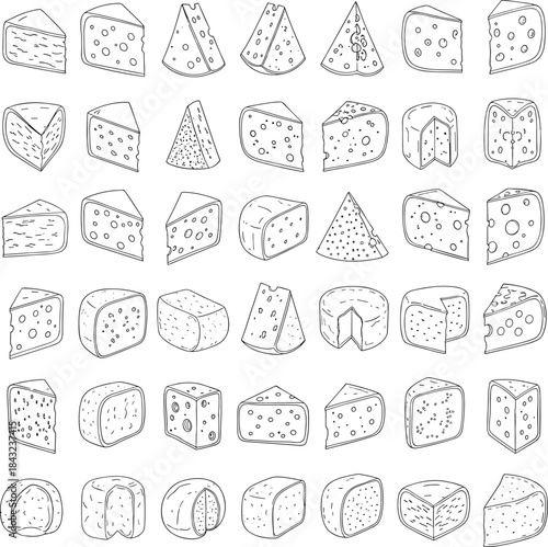 Cheese illustration set, 40 hand-drawn varieties, wedges, blocks, slices, rind textures, flat vector food line art