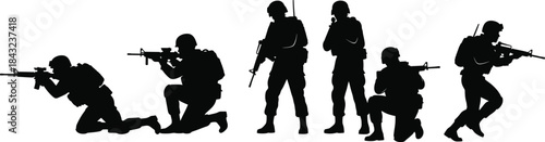 Military soldier silhouette vector set showing tactical poses, armed forces stances, rifle positions, combat gear, helmet, backpack, formation