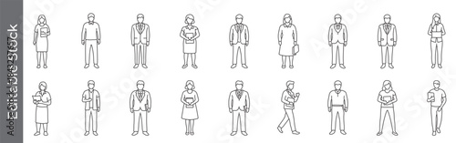 CAD style business people vector drawing line icon set – editable outline symbols of office, professional, manager, businesswoman, businessman, suit, and formal attire outline figures