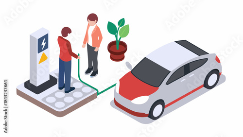 Isometric view of electric car charging at station with people and plant in the background scene view