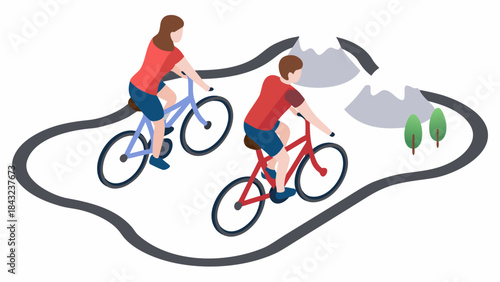 People riding bicycles on a winding path with mountains and trees in the background on a white surface