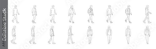 CAD style walking people vector drawing line icon set – editable outline symbols of casual, urban, pedestrian, jacket, backpack and street style outline figures