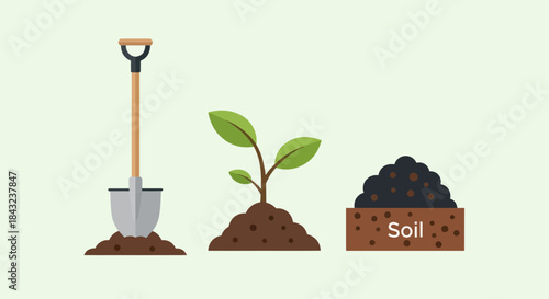 Illustration of Gardening Tools Plant and Soil for Planting.
