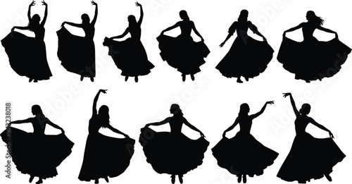 Silhouette illustration of graceful female dancers in flowing skirts performing traditional dance poses for culture, movement, lifestyle, and art themes