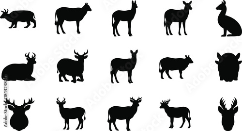 Black vector illustration set of wild and farm animal silhouettes including a horse, dog, cow, goat, deer, cat, elephant, sheep, pig, giraffe, and lion