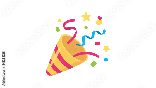 Exploding party popper with confetti, bright cartoon birthday cracker. Isolated vector illustration of celebration symbol emoji.
