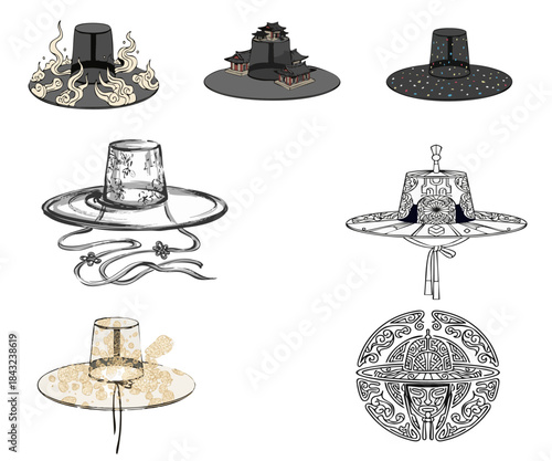 한국의 옛날 조선시대 쓰던 갓을 재 구성산 세트