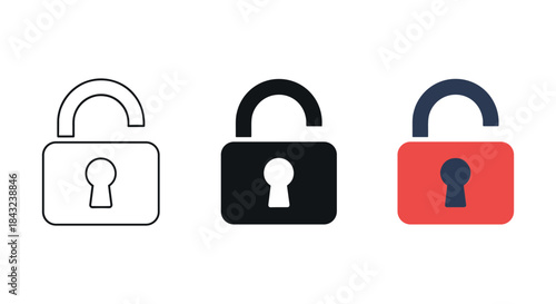 Set of open padlock icons in different colors and styles
