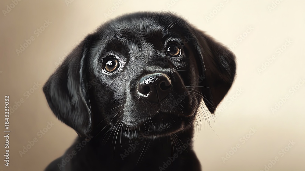 Fototapeta premium A curious black dog with soulful eyes.