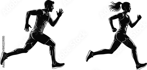 Silhouette of male and female runners in motion wearing athletic gear, perfect for fitness, sports, health, and exercise-themed designs