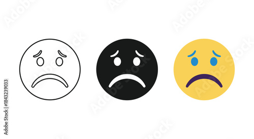 Different styles of unhappy emoji faces on white background