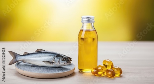 A bottle of fish oil supplement with a fish on a plate.