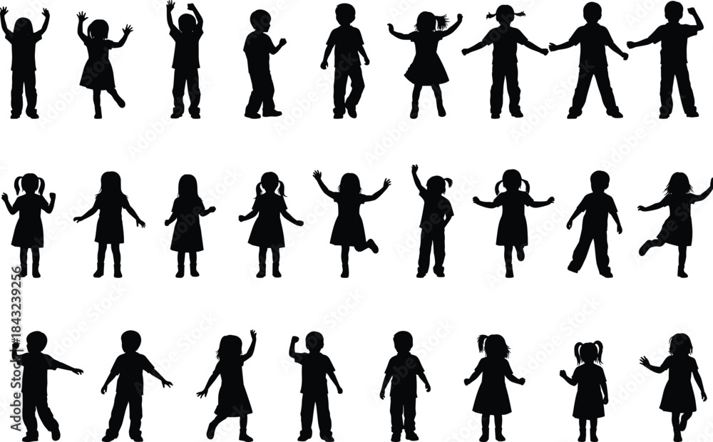 Fototapeta premium Children kids boys girls silhouette set, happy child standing jumping playing posing figures, youth fun activity vector graphic illustration collection isolated.