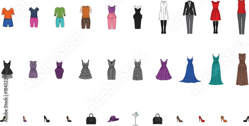 Women's fashion apparel accessories technical flats collection, casual day cocktail evening wear outfit drawing templates, shoes bags dress coat vector set.