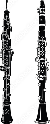 Oboe and clarinet black silhouette illustration of woodwind musical instruments with detailed keywork for classical orchestra vector design