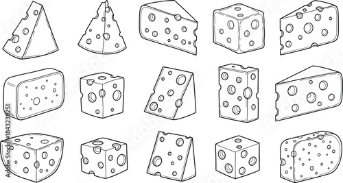 Cheese illustration set, black and white sketch, wedge and block shapes, dairy food drawing, flat vector line art