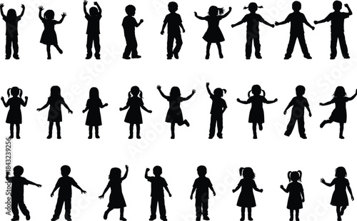 Children kids boys girls silhouette set, happy child standing jumping playing posing figures, youth fun activity vector graphic illustration collection isolated.