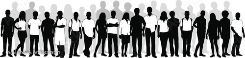 Diverse group of standing people silhouette background, large mixed crowd men women community population line, social inclusion banner graphic element isolated.
