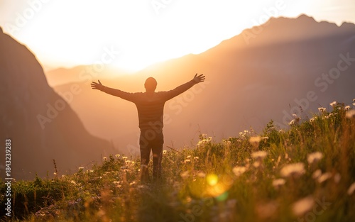 Inspirational Sunrise Scene With Person Facing Mountain Horizon