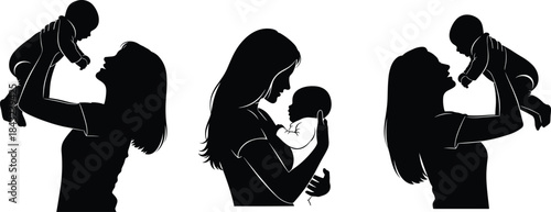 Silhouette of Parents Holding Babies in Loving Poses Showing Family Bonding, Care, Affection, Parenthood, and Emotional Connection Vector Art