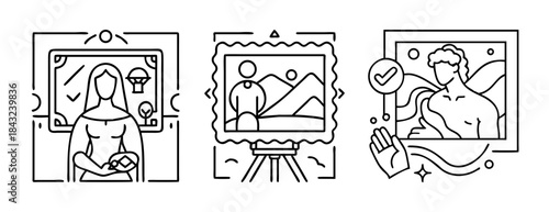 Artistic process, painting, and exhibition linear icon set