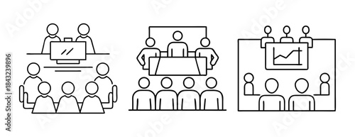 Diverse business meetings line art icons collection on white