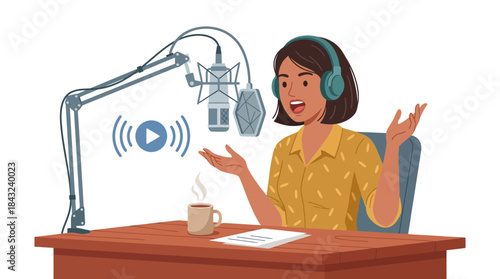 Young woman recording a podcast vector illustration