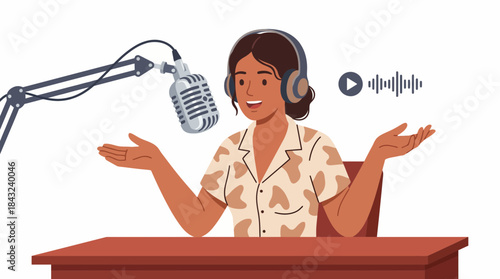 Young woman recording podcast with microphone vector illustration