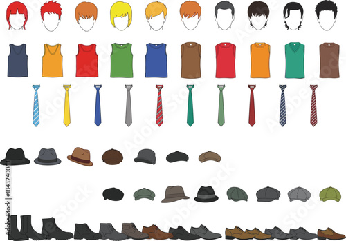 Men's fashion accessories apparel vector set, hair ties hats shoes boots casual dress wear illustration collection, isolated style elements.