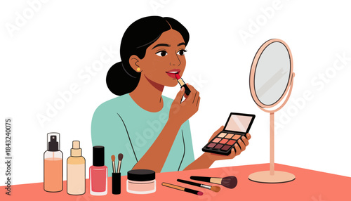 Young woman with dark hair applying lipstick and holding eyeshadow palette vector illustration