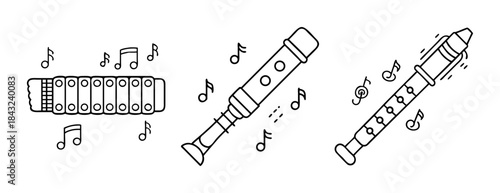 Outline music instruments set with harmonica, recorder, and notes