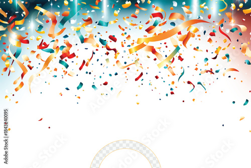 Vibrant confetti and streamers falling down in celebration