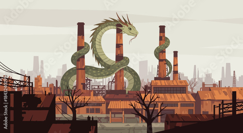 Dragon Coiled Around Industrial Chimneys in a Polluted Cityscape.
