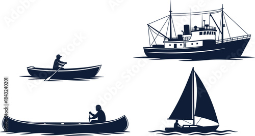 Silhouette of rowboat, canoe, sailboat, and fishing vessel – diverse watercraft and boating activities in black vector illustration on white