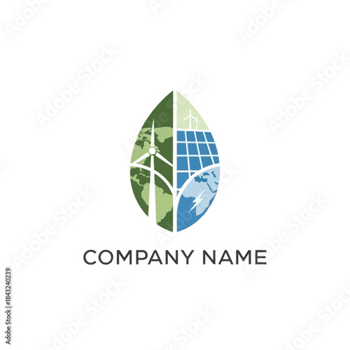 Eco-Friendly Energy Logo Featuring Wind Turbine, Solar Panel, and Earth Elements.