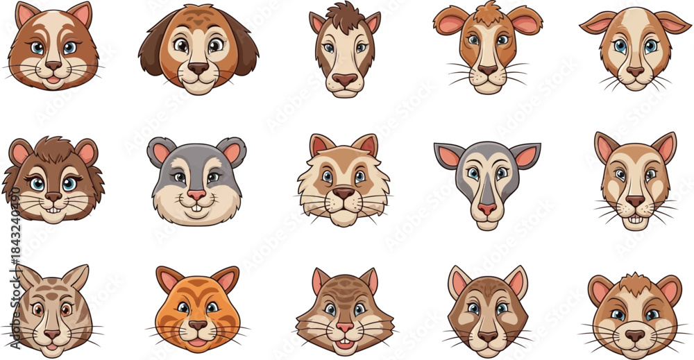 Obraz premium Cartoon animal character icons collection set including dog, cat, bear, lion, tiger, rabbit, pig, and panda vector illustrations