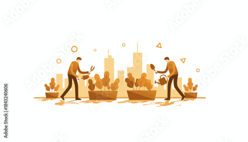 Urban Gardeners Nurturing Plants in City Landscape Illustration