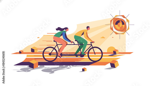 Energetic Couple Riding Tandem Bicycle Illustration