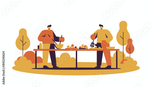 Friends Cooking Outdoors Together Flat Illustration