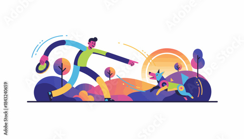 Vibrant Illustration of Man Playing Frisbee with Dog