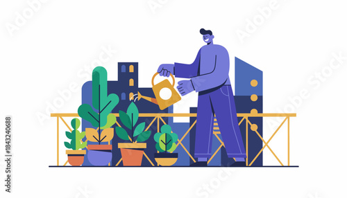 Urban Gardener Watering Plants on City Rooftop Balcony