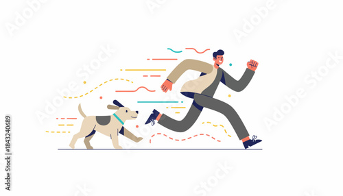Energetic Man Running with Happy Dog Illustration
